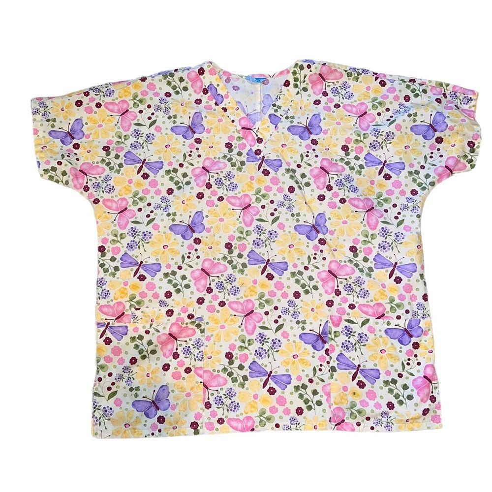 Butterfly Scrub Top Yellow Pink Purple Pockets  Colorful